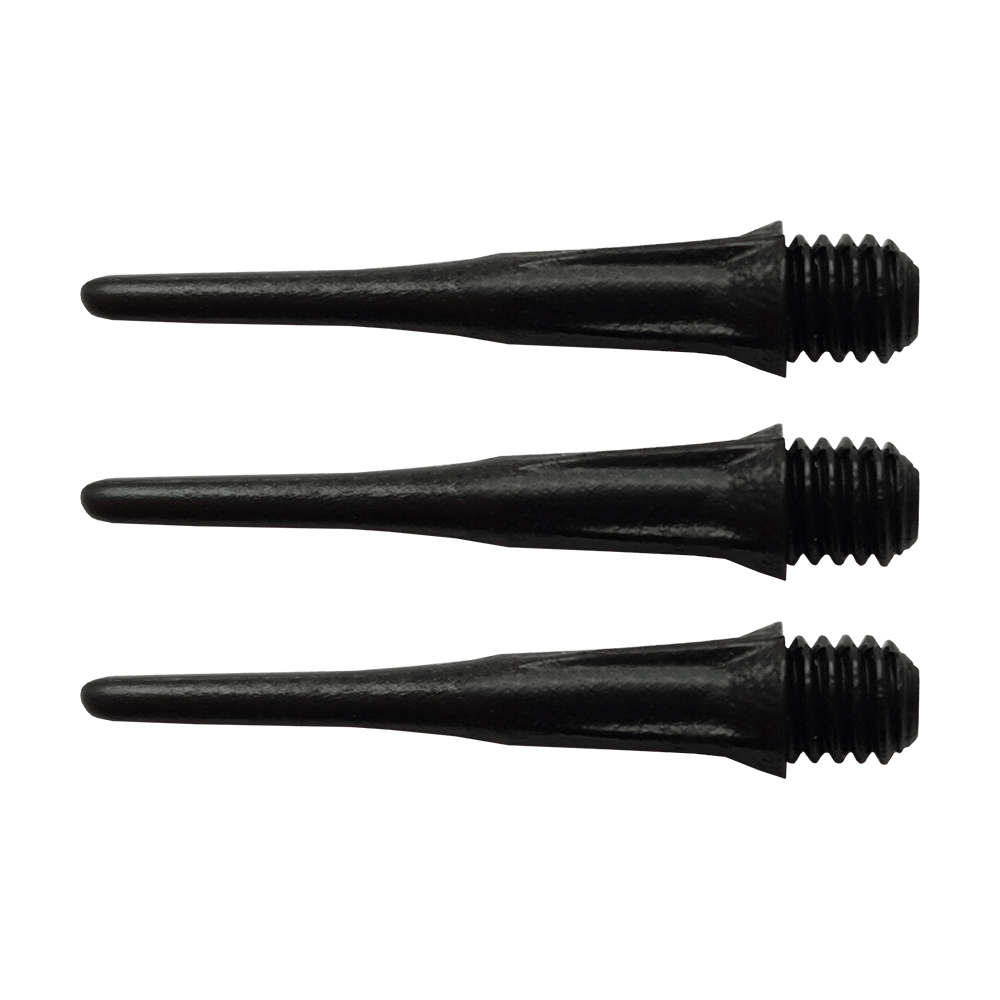 Das Bild zeigt drei schwarze Softdartspitzen mit Gewinde. Es handelt sich um Karella Ultimo Softdartspitzen, die im 50er-Pack erhältlich sind.